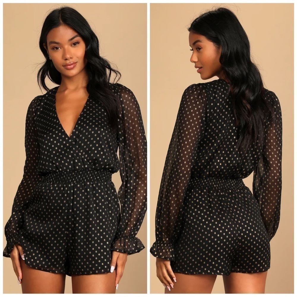 Lulus Called For a Toast Black and Gold Dot Long Sleeve Romper Size Small